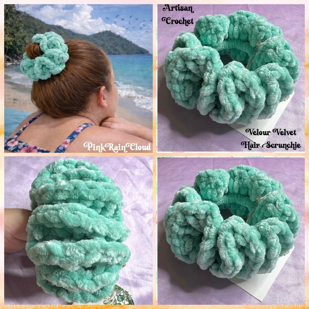 Handmade VELVET Pastel Aqua Green Crochet Scrunchie Chunky Oversized Hair Tie
